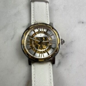 Constantin Weisz Skeleton Automatic Watch Men 42mm White Leather Gold Silver